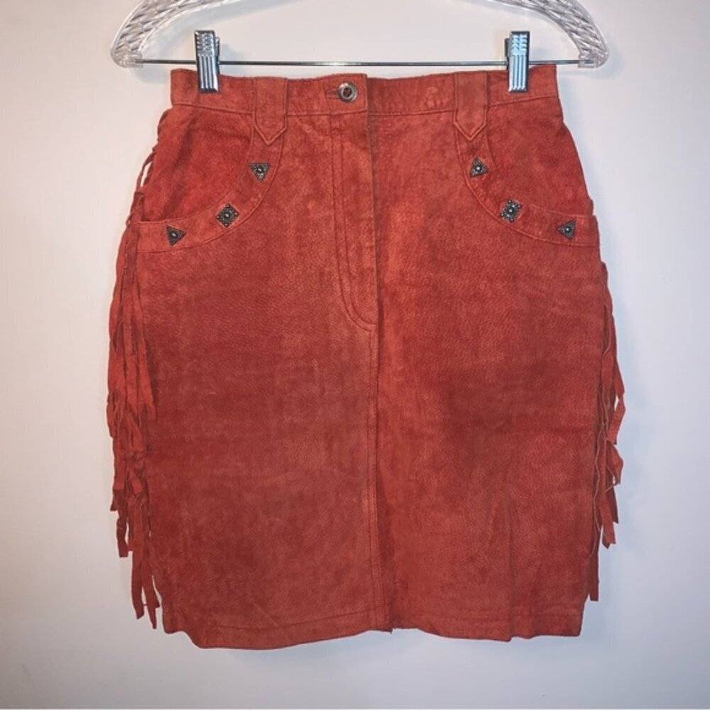 Bagatelle Rust Orange Leather Fringe Western Skirt M